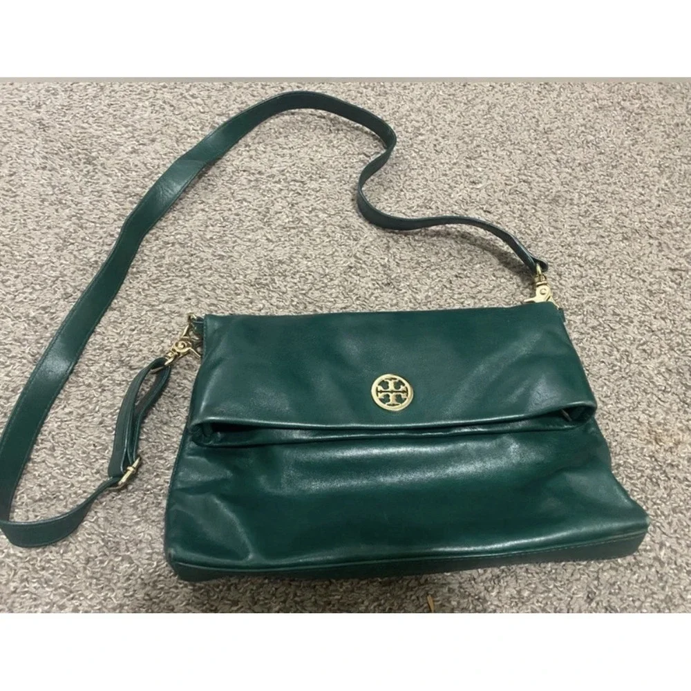 Tory Burch Dena Foldover Crossbody Bag Emerald Green Leather Purse